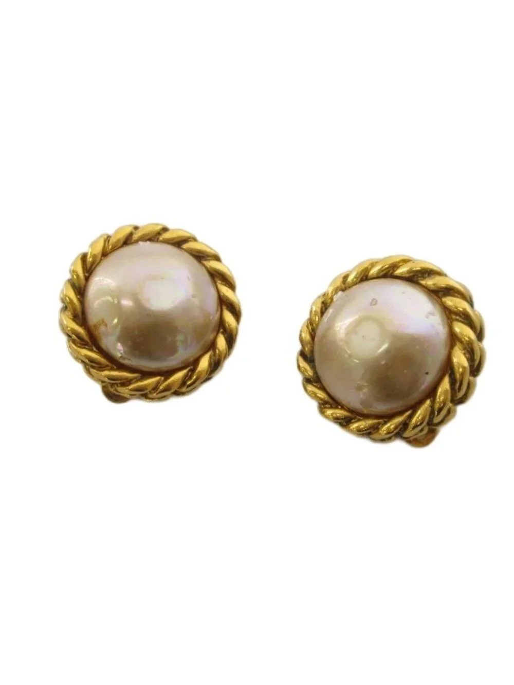 Chanel Vintage Earrings Faux Pearl Gold Color White KH